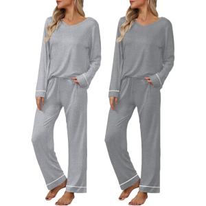 imageEkouaer Womens 2 Pack Pajama Set Long Sleeve Pajamas Top and Pants V Neck Pjs Set Soft Loungewear with PocketsLight Gray mix Grey