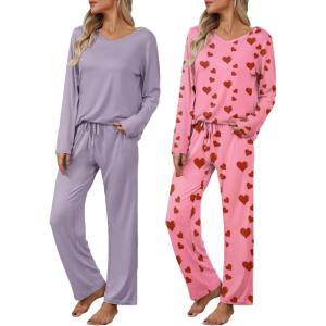 imageEkouaer Womens 2 Pack Pajama Set Long Sleeve Pajamas Top and Pants V Neck Pjs Set Soft Loungewear with PocketsPink Love  Purple