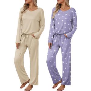 imageEkouaer Womens 2 Pack Pajama Set Long Sleeve Pajamas Top and Pants V Neck Pjs Set Soft Loungewear with PocketsPurple Star  Beige
