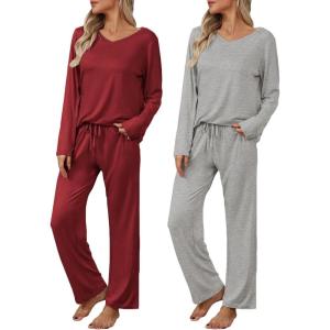imageEkouaer Womens 2 Pack Pajama Set Long Sleeve Pajamas Top and Pants V Neck Pjs Set Soft Loungewear with PocketsWine Red  Light Gray