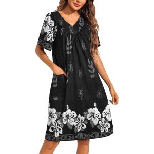 imageEkouaer Womens House Dress Floral Print Moo Moos Nightgowns Moomoo Dresses Mumus with PocketsBlack