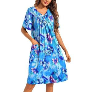imageEkouaer Womens House Dress Floral Print Moo Moos Nightgowns Moomoo Dresses Mumus with PocketsFloral Blue