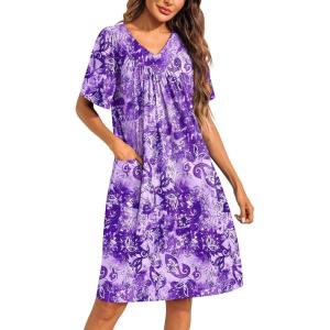 imageEkouaer Womens House Dress Floral Print Moo Moos Nightgowns Moomoo Dresses Mumus with PocketsFloral Purple