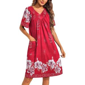 imageEkouaer Womens House Dress Floral Print Moo Moos Nightgowns Moomoo Dresses Mumus with PocketsRed