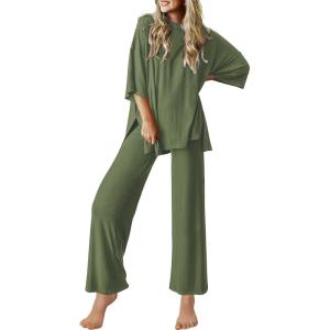 imageEkouaer Lounge Sets for Women Short Sleeve Tops and Long Pants Soft Comfy Pajamas Set 2 Piece Outfits SXXLArmy Green