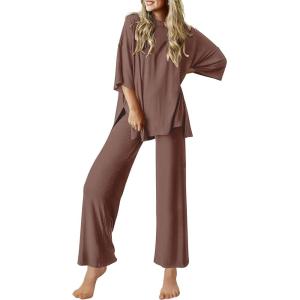 imageEkouaer Lounge Sets for Women Short Sleeve Tops and Long Pants Soft Comfy Pajamas Set 2 Piece Outfits SXXLBrown