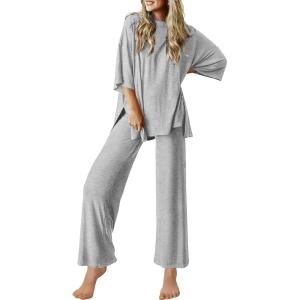 imageEkouaer Lounge Sets for Women Short Sleeve Tops and Long Pants Soft Comfy Pajamas Set 2 Piece Outfits SXXLLight Gray