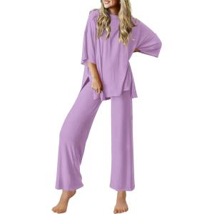 imageEkouaer Lounge Sets for Women Short Sleeve Tops and Long Pants Soft Comfy Pajamas Set 2 Piece Outfits SXXLLilac