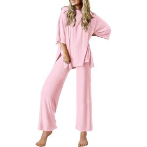 imageEkouaer Lounge Sets for Women Short Sleeve Tops and Long Pants Soft Comfy Pajamas Set 2 Piece Outfits SXXLPink
