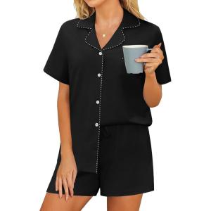 imageEkouaer Pajama Set Women Classic Loose Short Sleeve Button Down Pjs Set Soft Sleepwear Loungewear with PocketsBlack