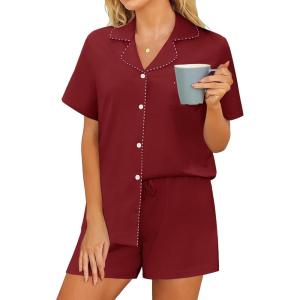 imageEkouaer Pajama Set Women Classic Loose Short Sleeve Button Down Pjs Set Soft Sleepwear Loungewear with PocketsBurgundy