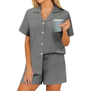 imageEkouaer Pajama Set Women Classic Loose Short Sleeve Button Down Pjs Set Soft Sleepwear Loungewear with PocketsDark Gray