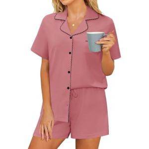 imageEkouaer Pajama Set Women Classic Loose Short Sleeve Button Down Pjs Set Soft Sleepwear Loungewear with PocketsPale Violet Red