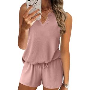 imageEkouaer Ribbed 2 Piece Lounge Sets Sleeveless Pajama Tank and Shorts Set Summer Pjs Loungewear Matching Outfits for WomenPink
