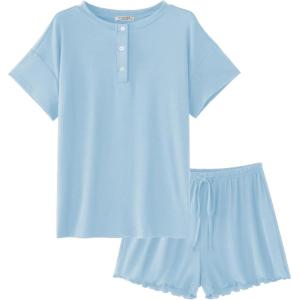 imageEkouaer Womens Pajama Sets 2 Piece Pjs Short Sleeve Lounge Set Soft Comfy Sleepwear Loungewear SXXLClear Blue