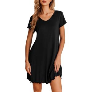 imageEkouaer Nightgowns for Women Short Sleeve Sleepshirt V Neck Short Nightshirt Pullover Soft Ruffled Sleepwear SXXXLBlack