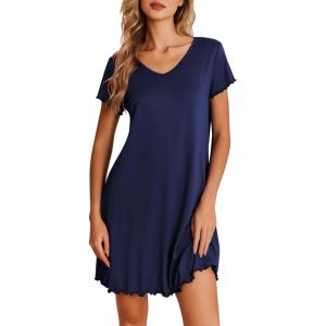 imageEkouaer Nightgowns for Women Short Sleeve Sleepshirt V Neck Short Nightshirt Pullover Soft Ruffled Sleepwear SXXXLNavy Blue