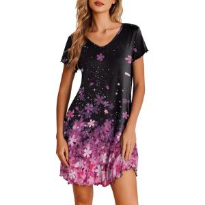 imageEkouaer Nightgowns for Women Short Sleeve Sleepshirt V Neck Short Nightshirt Pullover Soft Ruffled Sleepwear SXXXLPink Flower