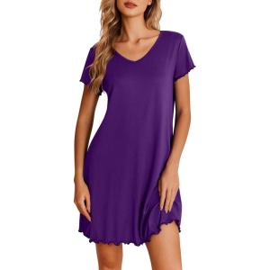 imageEkouaer Nightgowns for Women Short Sleeve Sleepshirt V Neck Short Nightshirt Pullover Soft Ruffled Sleepwear SXXXLPurple