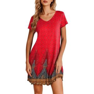 imageEkouaer Nightgowns for Women Short Sleeve Sleepshirt V Neck Short Nightshirt Pullover Soft Ruffled Sleepwear SXXXLRed Feather
