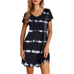 imageEkouaer Nightgowns for Women Short Sleeve Sleepshirt V Neck Short Nightshirt Pullover Soft Ruffled Sleepwear SXXXLStripe