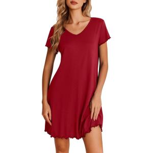 imageEkouaer Nightgowns for Women Short Sleeve Sleepshirt V Neck Short Nightshirt Pullover Soft Ruffled Sleepwear SXXXLWine Red