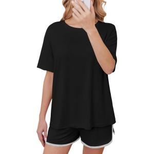 imageEkouaer Women Pajamas set Loose Soft Lounge Set Crew Neck TShirts Top and Sport Shorts Tracksuit with PocketsBlack
