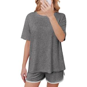 imageEkouaer Women Pajamas set Loose Soft Lounge Set Crew Neck TShirts Top and Sport Shorts Tracksuit with PocketsDim Gray
