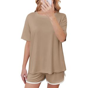 imageEkouaer Women Pajamas set Loose Soft Lounge Set Crew Neck TShirts Top and Sport Shorts Tracksuit with PocketsKhaki
