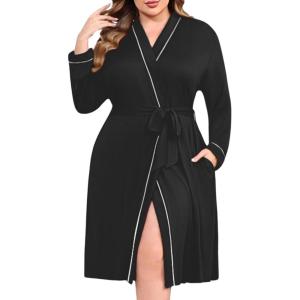 imageEkouaer Plus Size Robes for Women Lightweight Bathrobe V Neck Kimono Loungewear Soft Maternity Robes with Pockets 1X5XBlack