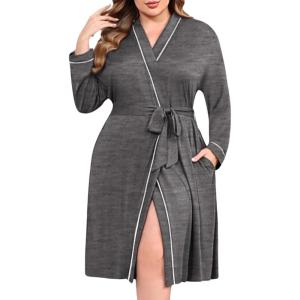 imageEkouaer Plus Size Robes for Women Lightweight Bathrobe V Neck Kimono Loungewear Soft Maternity Robes with Pockets 1X5XDark Gray