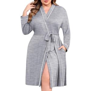 imageEkouaer Plus Size Robes for Women Lightweight Bathrobe V Neck Kimono Loungewear Soft Maternity Robes with Pockets 1X5XLight Gray