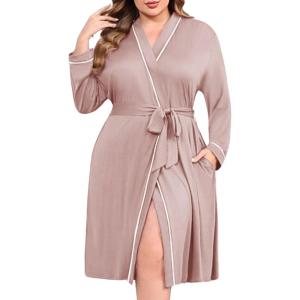 imageEkouaer Plus Size Robes for Women Lightweight Bathrobe V Neck Kimono Loungewear Soft Maternity Robes with Pockets 1X5XPink