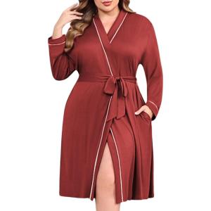imageEkouaer Plus Size Robes for Women Lightweight Bathrobe V Neck Kimono Loungewear Soft Maternity Robes with Pockets 1X5XWine Red