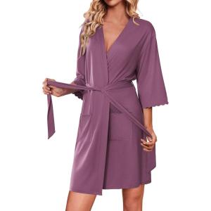imageEkouaer Robes for Women Knee Length Kimono Bathrobe Lightweight 34 Sleeve Sleepwear Soft Loungewear with Pockets SXXLPurple Red