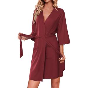 imageEkouaer Robes for Women Knee Length Kimono Bathrobe Lightweight 34 Sleeve Sleepwear Soft Loungewear with Pockets SXXLWine Red