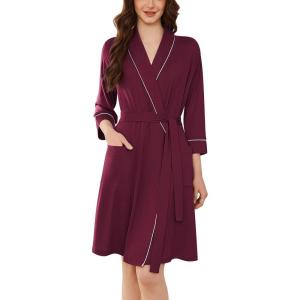 imageEkouaer Women Robes Shawl Collar Bathrobe Short Kimono Robe Soft Knit Bathrobes Ladies Sleepwear with Pockets SXXLDate Red