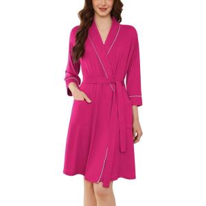 imageEkouaer Women Robes Shawl Collar Bathrobe Short Kimono Robe Soft Knit Bathrobes Ladies Sleepwear with Pockets SXXLRose Red