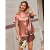 imageEkouaer Silk Satin Pajamas 2 Piece Pajamas for Women Set Button Down PJ Short Sleeve and Shorts Pjs Lounge SetsCaramel