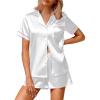 imageEkouaer Silk Satin Pajamas 2 Piece Pajamas for Women Set Button Down PJ Short Sleeve and Shorts Pjs Lounge SetsWhite