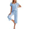 imageEkouaer Womens Cotton Pajamas Sets Short Sleeve Tops and Capri Pants Sleepwear Loungewear with PocketsBaby Blue