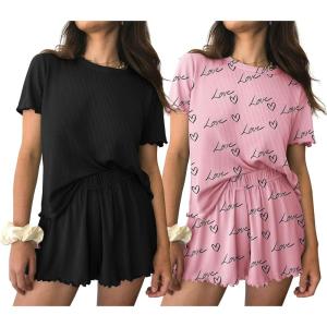 imageEkouaer 2 Packs Womens Pajama Set Short Sleeve Sleepwear Soft Top and Shorts Pjs Casual Outfits Lounge Set with PocketsBlackPink Herat