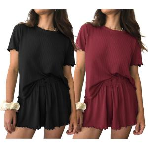 imageEkouaer 2 Packs Womens Pajama Set Short Sleeve Sleepwear Soft Top and Shorts Pjs Casual Outfits Lounge Set with PocketsBlackWine Red