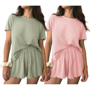 imageEkouaer 2 Packs Womens Pajama Set Short Sleeve Sleepwear Soft Top and Shorts Pjs Casual Outfits Lounge Set with PocketsGreenLight Pink