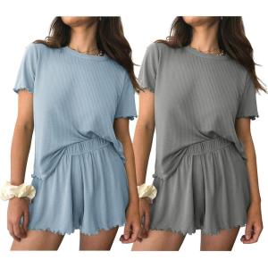 imageEkouaer 2 Packs Womens Pajama Set Short Sleeve Sleepwear Soft Top and Shorts Pjs Casual Outfits Lounge Set with PocketsLight BlueGrey