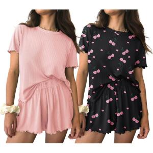 imageEkouaer 2 Packs Womens Pajama Set Short Sleeve Sleepwear Soft Top and Shorts Pjs Casual Outfits Lounge Set with PocketsLight PinkBlack Cherry