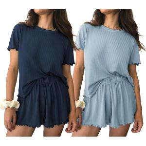 imageEkouaer 2 Packs Womens Pajama Set Short Sleeve Sleepwear Soft Top and Shorts Pjs Casual Outfits Lounge Set with PocketsNavy BlueLight Blue