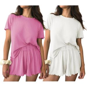 imageEkouaer 2 Packs Womens Pajama Set Short Sleeve Sleepwear Soft Top and Shorts Pjs Casual Outfits Lounge Set with PocketsPinkWhite