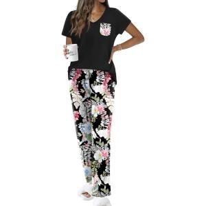 imageEkouaer Pajamas for Women Set Short Sleeve Pjs and Long Floral Print Pants Soft Sleepwear Casual Lounge Sets SXXLBlack Monstera