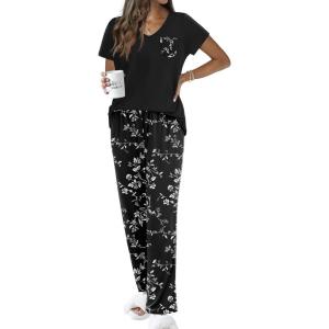 imageEkouaer Pajamas for Women Set Short Sleeve Pjs and Long Floral Print Pants Soft Sleepwear Casual Lounge Sets SXXLBlack White Floral